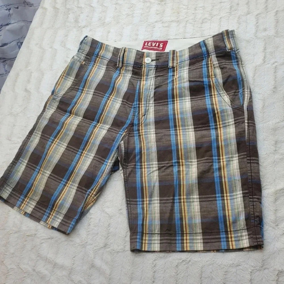 Levi's Men's  Shorts Brown Blue Check Flat Front HQ Size 36 Actual 37 - Picture 3 of 13